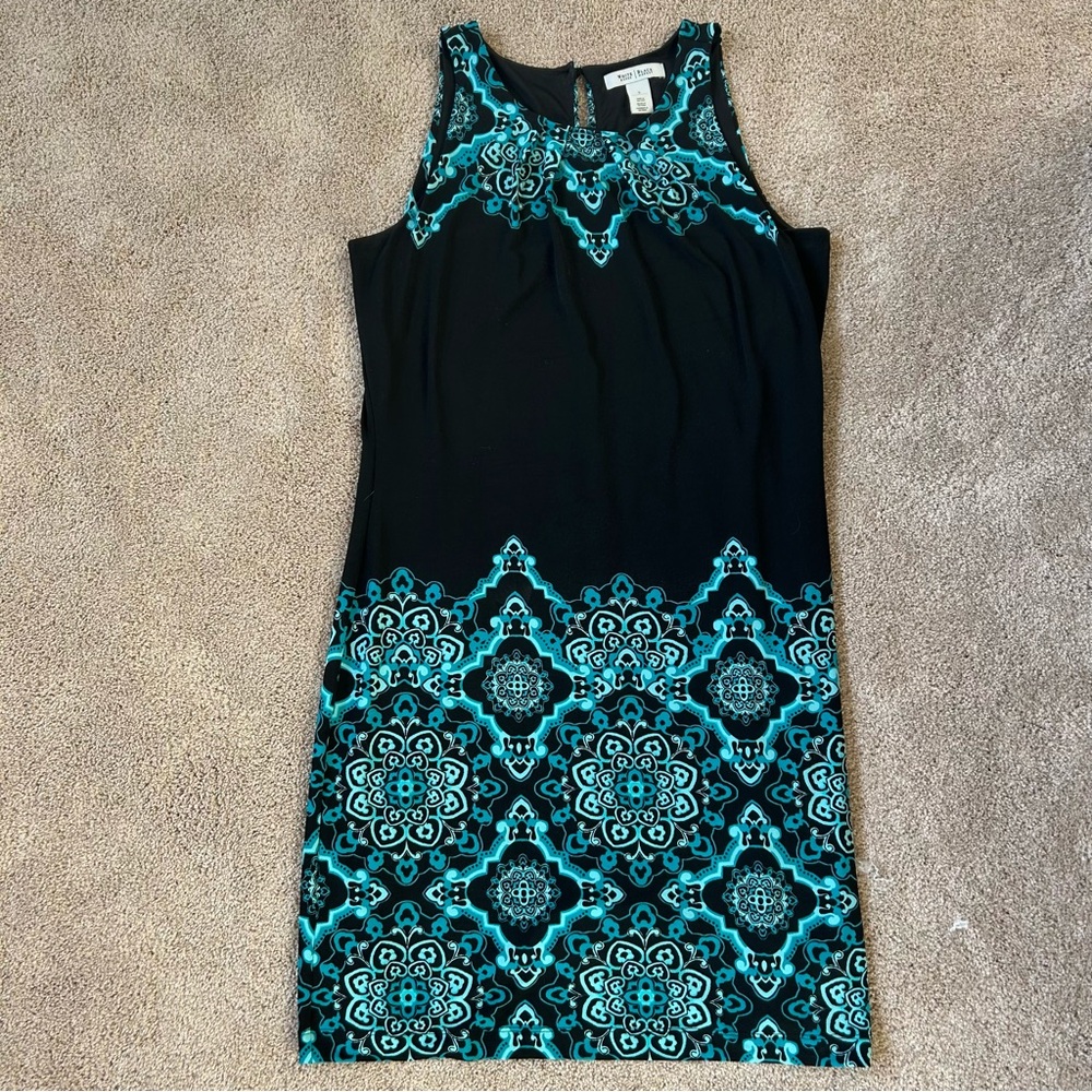 White House Black Market Elegant Black and Teal Patterned Dress